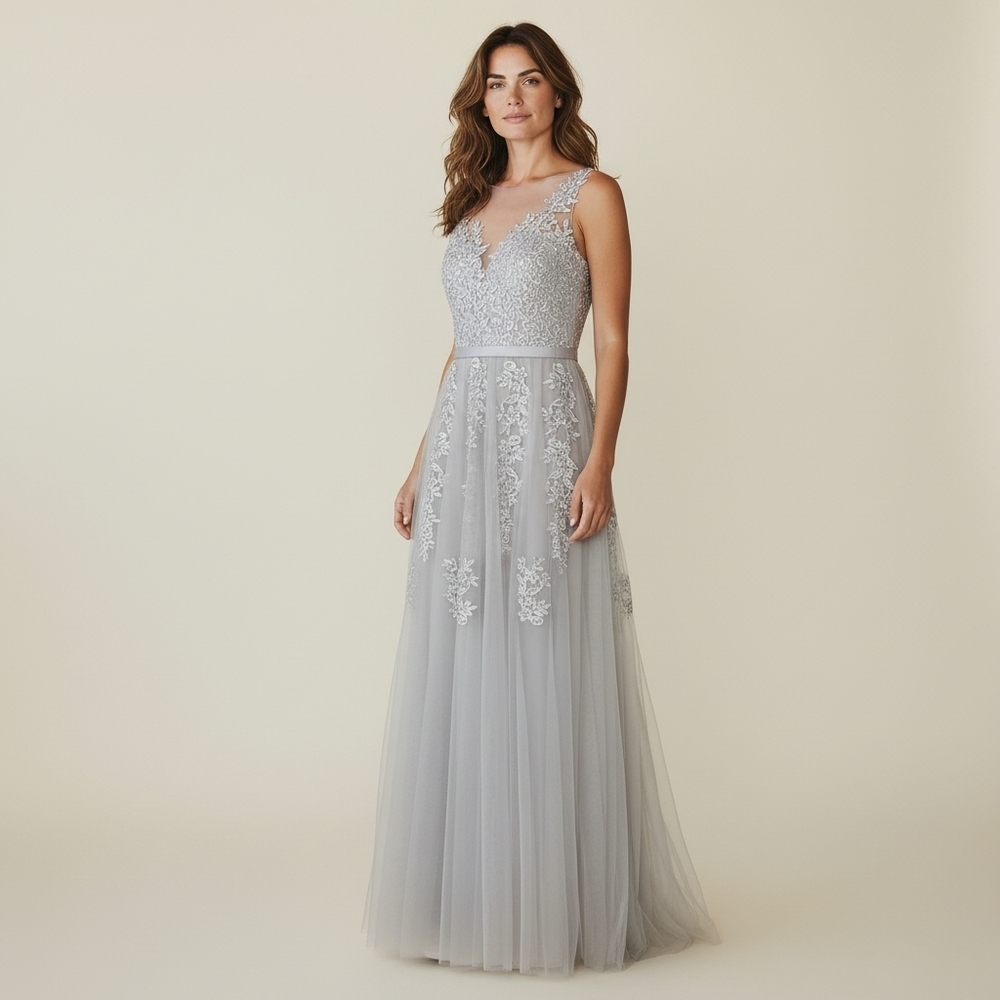 Elegant Gray Lace Evening Gown